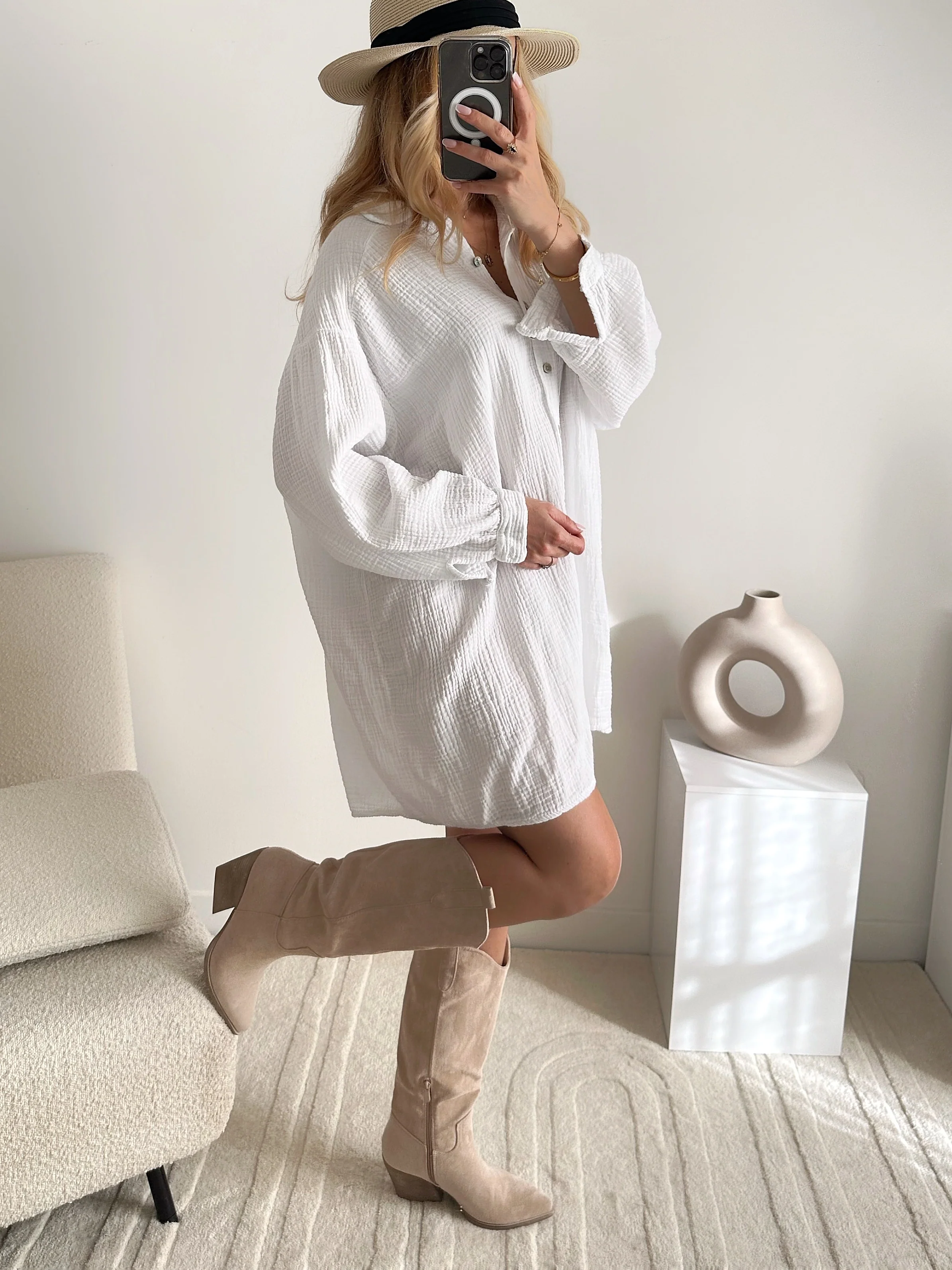 Robe chemise en gaze de coton CAMERON - blanc